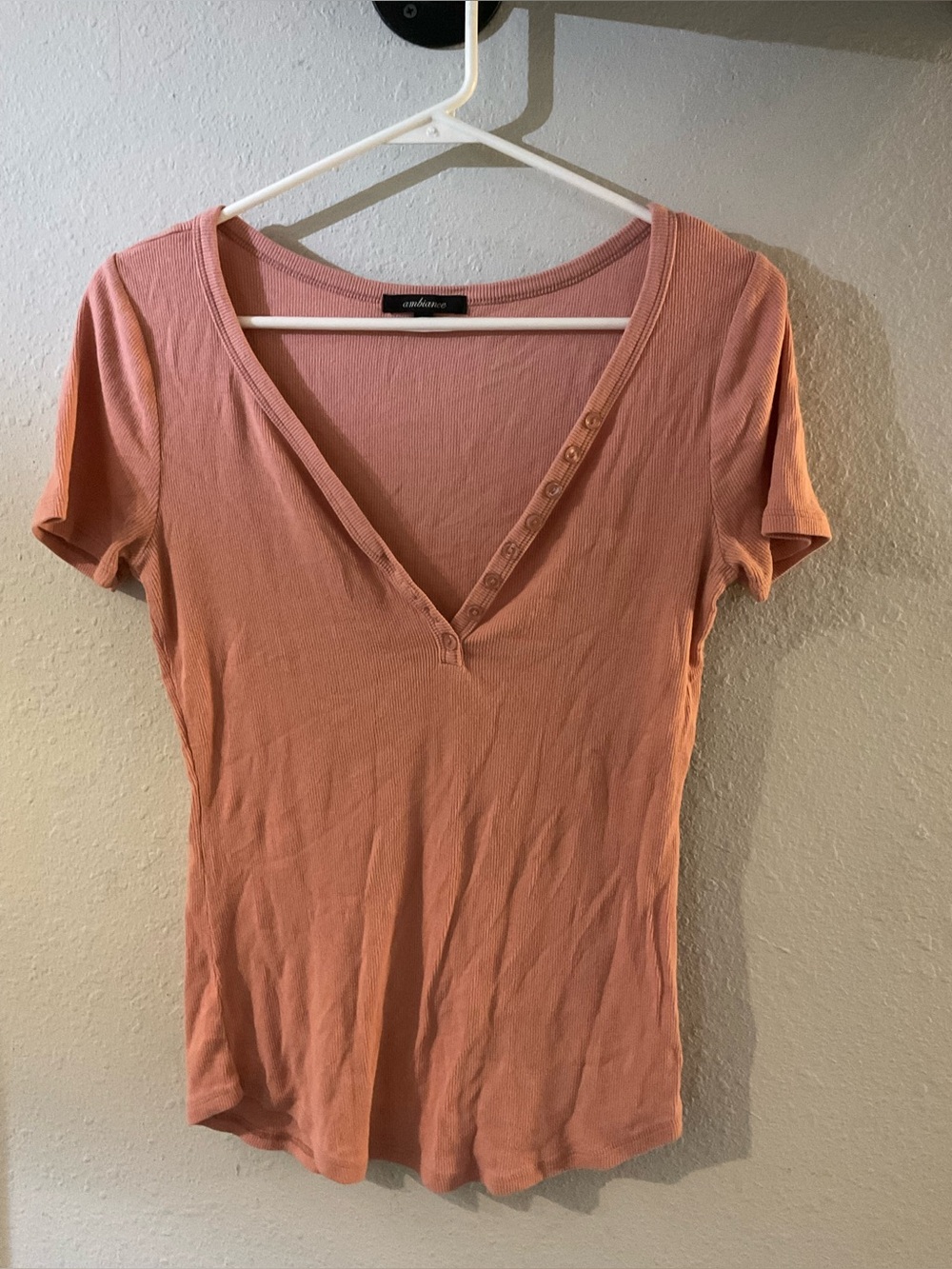 Dusty Rose Short Sleeve V‑Neck Button Tee